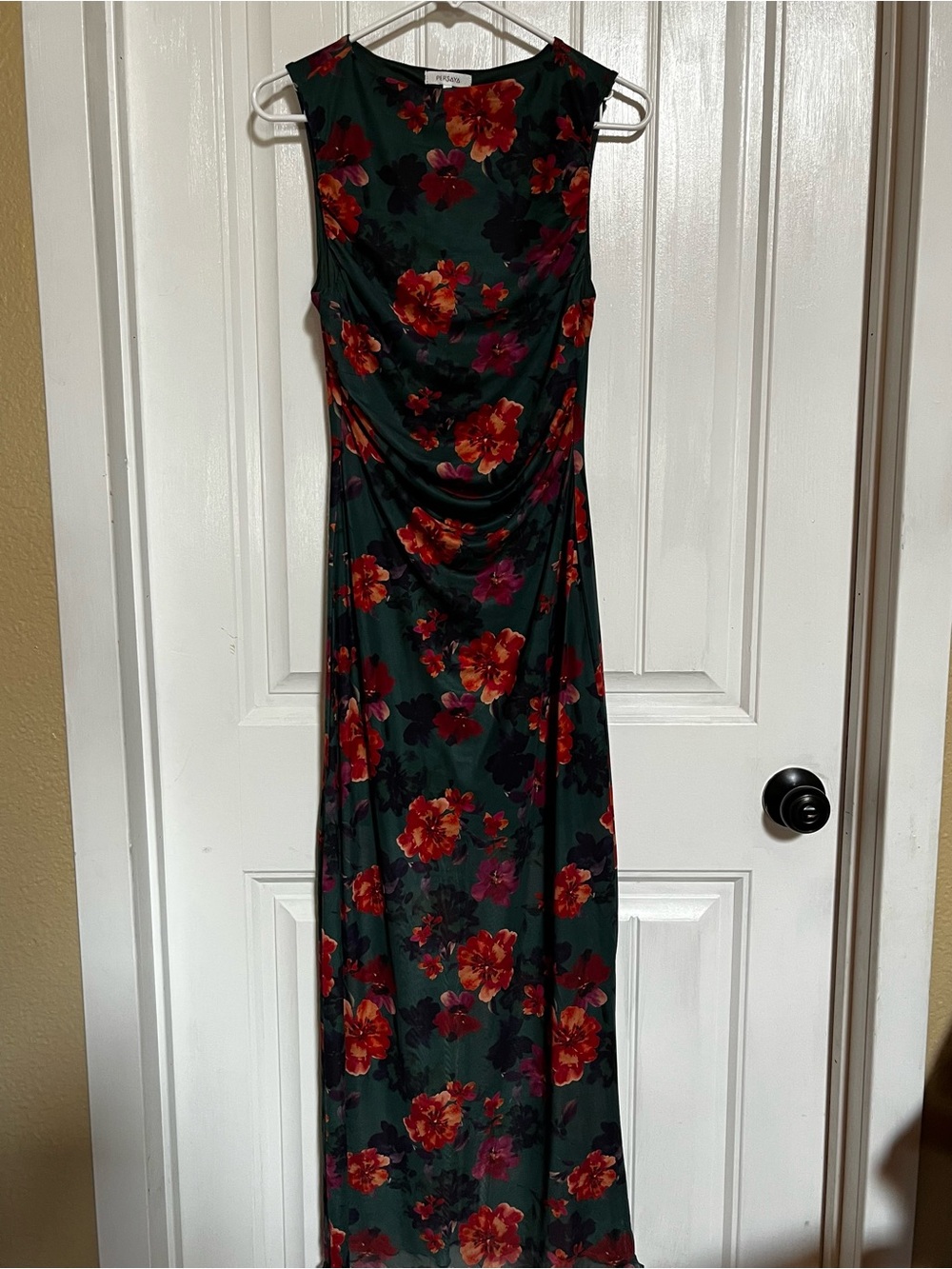 Persaya Dark Green Sleeveless Maxi Dress with Red & Burgundy Floral Print